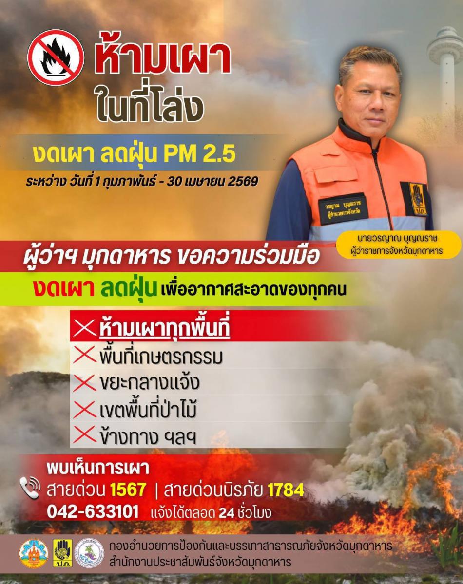 จังหวัดมุกดาหารออกประกาศเข้ม ควบคุมการเผาในที่โล่งทุกชนิดป้องกันปัญหาไฟป่า หมอกควัน และฝุ่น PM2.5