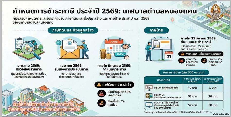 กำหนดการยื่นแบบและการชำระภาษีที่ดินและสิ่งปลูกสร้าง และภาษีป้าย ประจำปีงบประมาณ พ.ศ.2569
